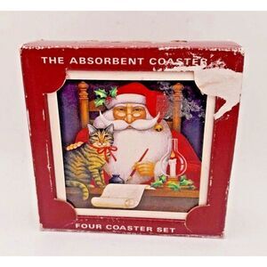 AbsorbaStone Christmas Coaster Set Santa Claus and Cat - NEW in Box